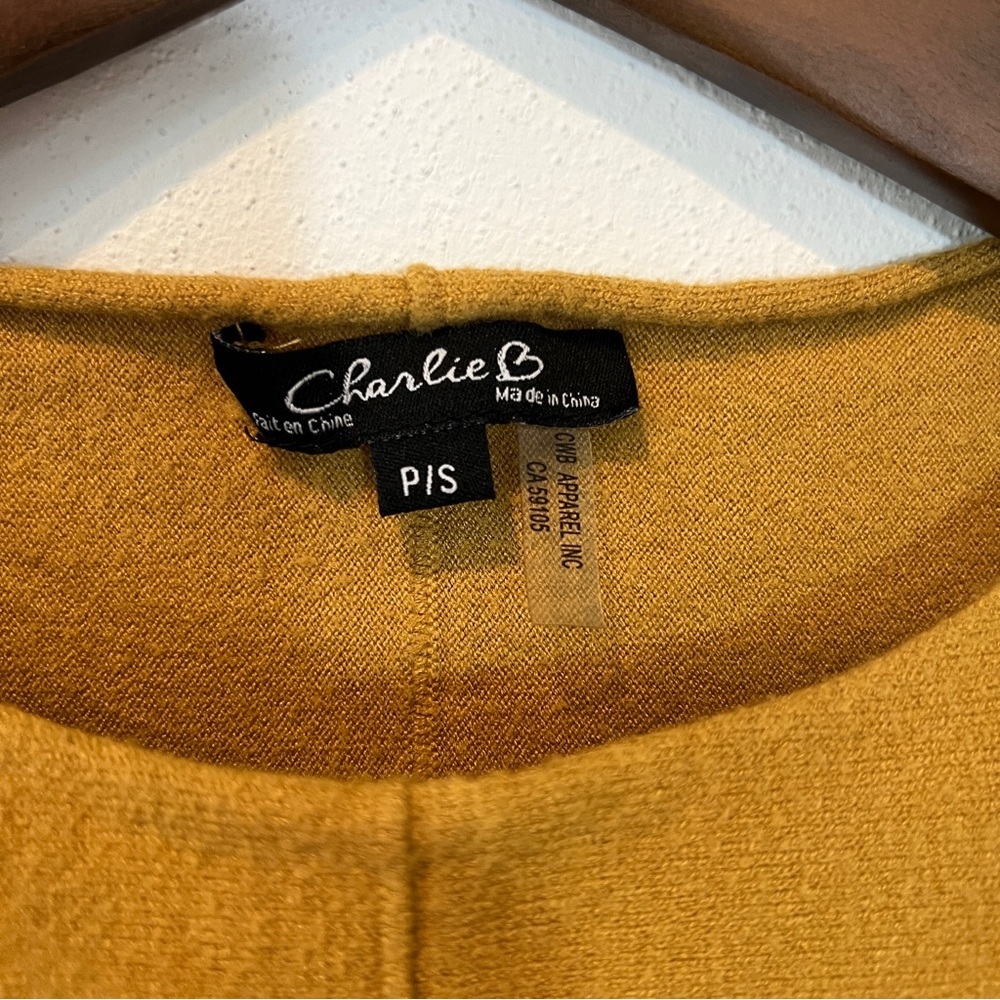 Charlie B Dolman Sleeve Mustard Knit Sweater Rounded Hem Rough Hem Neckline - Picture 6 of 8